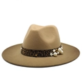 Klassischer camel Wollfilzhut mit Leopardenband und Perlenblumen-Verzierungen - M (56-58cm) / Khaki