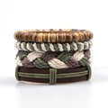 Set van meerlaagse gevlochten touwarmbanden met houten kralen en bruin leer - Armbandenset