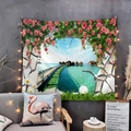 Detail of wall tapestry featuring sea view, pink roses, and white gulls in a cozy living room - Style 37