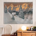 Winter snow mountain tapestry featuring wooden cabin and golden sunrise scenery - Style 28