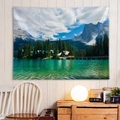 Nature landscape tapestry featuring snowy mountains and lake cabin on a white wall - Style 8