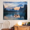 Arazzo paesaggistico cinese con montagne blu e decorazione murale al tramonto - 150x130cm / Stile 3
