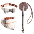 Three-piece beige plaid dog collar with bow tie, bandana and leather leash set - 1.0*28CM / White 3-Piece Set