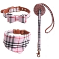 Pink plaid dog harness set with bow tie collar, bandana and leash with gold buckles - 1.3*34CM / British Pink 3-Piece Set
