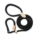 Detail of heavy-duty black braided nylon P-chain leash with reinforced leather stitching - Black