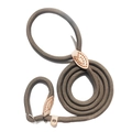 Detail of dark brown braided nylon P-chain leash with reinforced leather stitching and metal ring - Khaki