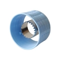 Blue rotary corn stripper tool with serrated metal blade on white background - Bag Packaging / Blue