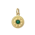 Detailed close-up of a vintage gold pendant with a green gemstone inlay and radial texture - Green Stone Circular Pendant