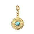 Macro shot of gold vintage pendant with turquoise stone inlay and sunburst engraving - Round Clasp Turquoise Pendant