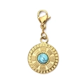 Detailed view of a gold lobster clasp pendant featuring a turquoise stone with sunburst rays - Lobster Clasp Turquoise Pendant
