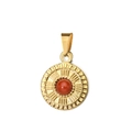 Detail showing a golden round pendant with a red gemstone inlay and sunburst texture - Pinch Bail Red Stone Pendant