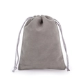 Detailed view of the soft grey velvet texture on a drawstring jewelry storage pouch - Gray