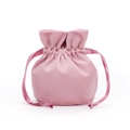 Detailed view of a pink velvet drawstring pouch with matching satin ribbons for jewelry - Diameter 10*13cm / Lotus Pink