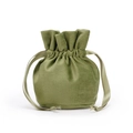 Detail view of a green velvet drawstring pouch with matching ribbon tie and round base - Diameter 10*13cm / Cedar Green