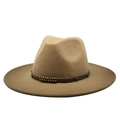Classic khaki wool fedora hat with a leather braided band and vintage bronze beads - M (56-58cm) / Khaki