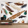 Boho style wall tapestry featuring colorful feather prints in a cozy home office setting - Compact / Feathers on White Background