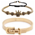 Verstellbares geflochtenes Kronenarmband und Edelstahl-Gürtelschnallen-Armreif in Gold - Gold Blau Zirkonia Krone Set