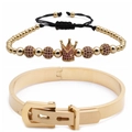 Verstellbares Goldkrone-Perlenarmband und Schnallenarmreif-Set mit Zirkon-Mikropavé - Gold Rosarot Zirkon Krone Set
