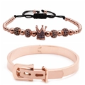 Rose gold crown bead bracelet and belt buckle cuff bangle set with blue crystals - Rose Gold Blue Zirconia Crown Set