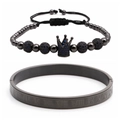 Men's gunmetal jewelry set with Roman numeral bangle and blue zircon crown bead bracelet - Black Blue Zirconia Crown Set