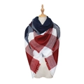 Plaid cashmere-feel shawl with red, white, and blue patterns and fringe trim details - B14 Red White Blue Plaid