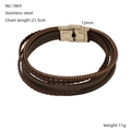 Macro detail of multi-layer brown braided leather bracelet with stainless steel clasp - Dark Brown