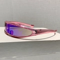 Detailed side view of Y2K pink sports sunglasses with purple reflective lenses on stand - Electroplated Pink Frame Green Mirror Lens