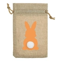 Detail of linen Easter drawstring bag featuring orange bunny silhouette and 3D plush tail - 10*14 / Green Bunny