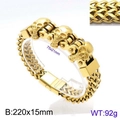 Gold stainless steel men's bracelet with triple skull charms and heavy tank chain links - Gold Skull