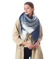 Blue and grey plaid cashmere-feel scarf with fringe edges worn by a model - D13 Blue Grey White Plaid