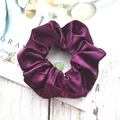 Luxurious dark purple satin silk scrunchie hair tie with a smooth glossy texture - Deep Purple Satin