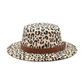 Detail of leopard print felt hat featuring a flat top and decorative brown leather band - M (56-58cm) / White Leopard Print