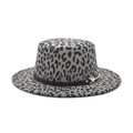 Elegant leopard print flat top wool fedora with black leather band and gold buckle detail - M (56-58cm) / Gray
