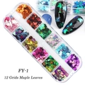 Holographic maple leaf nail glitter sequins in 12-grid organizer box, style FY-1 - 12 Compartment Chameleon Maple Leaf (FY-1)