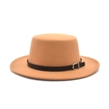 Elegante kameelkleurige wollen vilten boaterhoed met zwarte lederen band en gesp - M (56-58cm) / camel