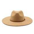 Detail of wide brim camel wool fedora hat featuring a brown leather band with buckle - M(59cm) / Camel