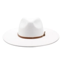 Classic white wide brim wool fedora hat with a stylish brown leather band and metal buckle - M(59cm) / White