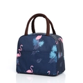Navy blue insulated lunch bag with pink flamingo patterns and brown fabric handles - Navy Flamingo