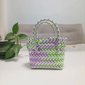 Detail of a handmade woven tote bag with purple, green, and white checkered pattern textures - Mini Green and Purple Contrast