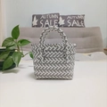 Detailed view of handmade woven basket bag in grey and white twill pattern texture - Mini Grey Contrast
