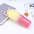 Top view of 30oz tumbler with yellow to pink gradient finish and pink carry handle - Yellow Red Gradient