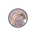 Pink Sisters in STEM enamel pin with metal finish and hands holding laboratory glassware - Sisters in STEM Pin