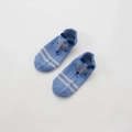 Detail of blue cotton baby sock with 3D animal ears and cute cartoon animal face - Blue Striped Koala