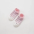 Close-up of pink and grey striped cotton socks with cute animal face patterns - Pink Striped Face