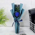 Detail of blue soap rose flower bouquet with eucalyptus leaves and printed ribbon - Blue
