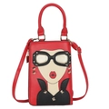 Red crossbody handbag with cartoon woman portrait and golden stud accents in matte leather - Red