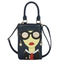 Navy blue crossbody square bag featuring a cartoon face design with gold earrings - Dark Blue