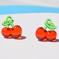 Translucent red acrylic cherry pendants with green leaves for DIY jewelry making - Red Cherry