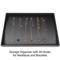 Black PU jewelry tray with 20 metal hooks for organizing necklaces and bracelets - 20 Hooks Necklace Tray