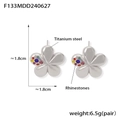Polished titanium steel flower stud earrings with colorful rhinestone inlay detail - Colorful Rhinestone Five-Petal Flower / Steel Color (F133)